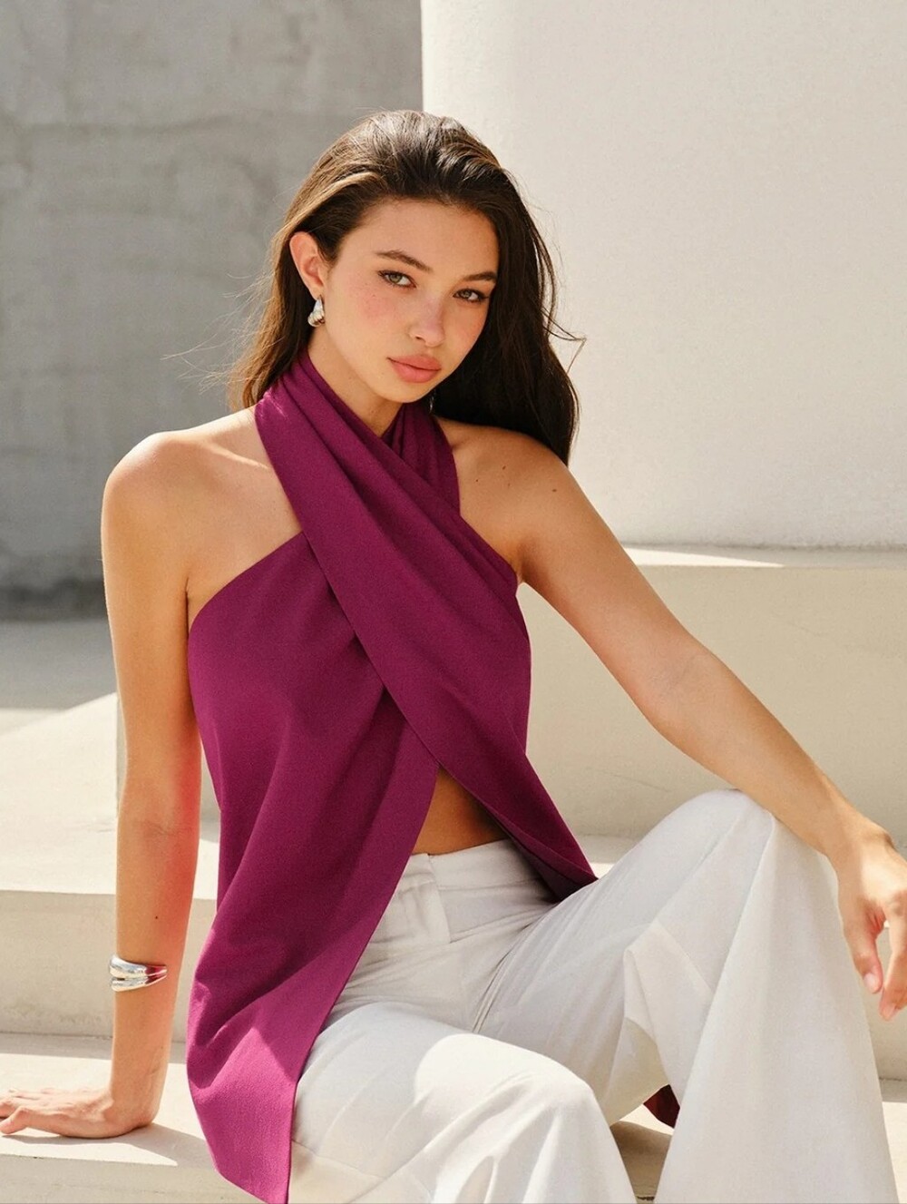 NWT Commense Fuschia Halter Style Cross Neckline Backless Top Size Med